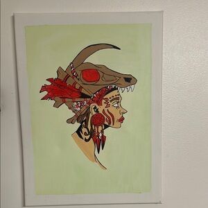 Tribal Skull Art Canvas with Red Accents